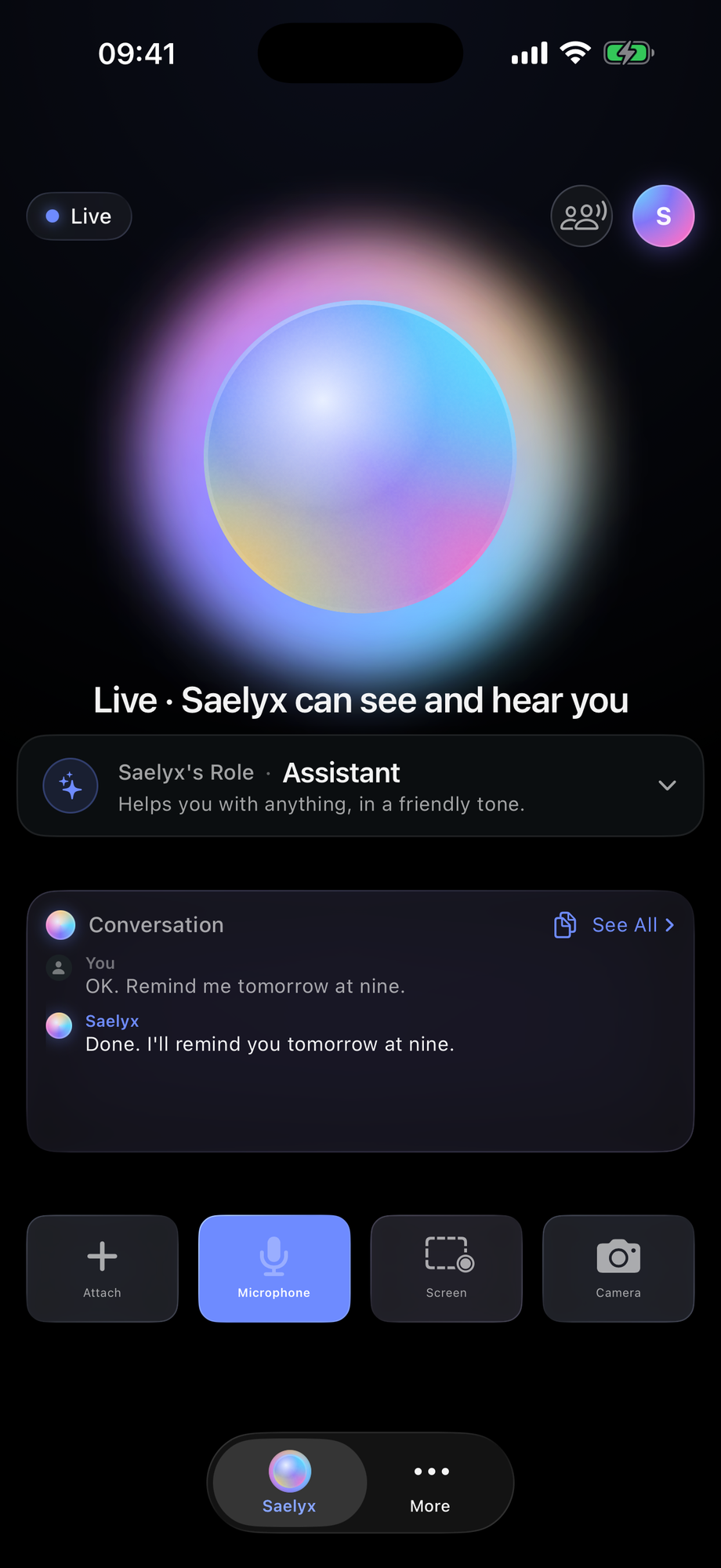Saelyx awake on iPhone: the orb lit, live