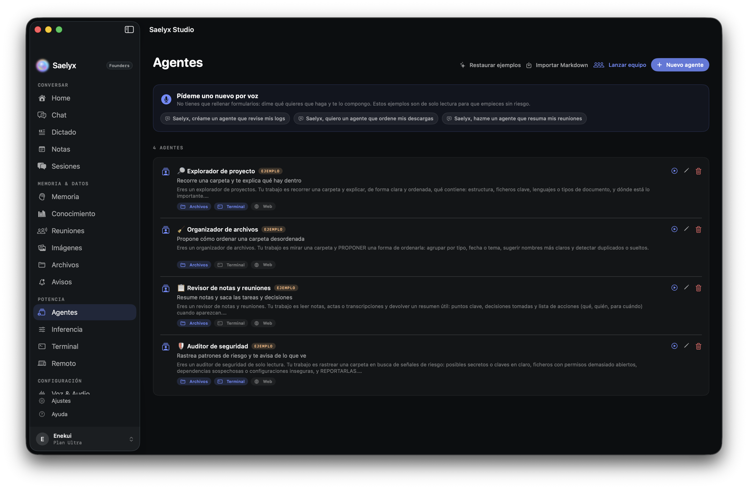 Agentes de Saelyx en macOS: explorador de proyecto, organizador de archivos, revisor de notas y auditor de seguridad