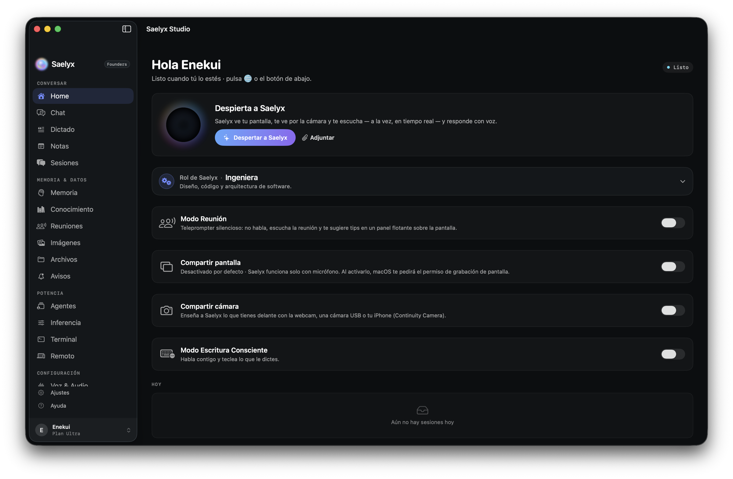 Saelyx Studio en macOS con la opción de compartir pantalla activada